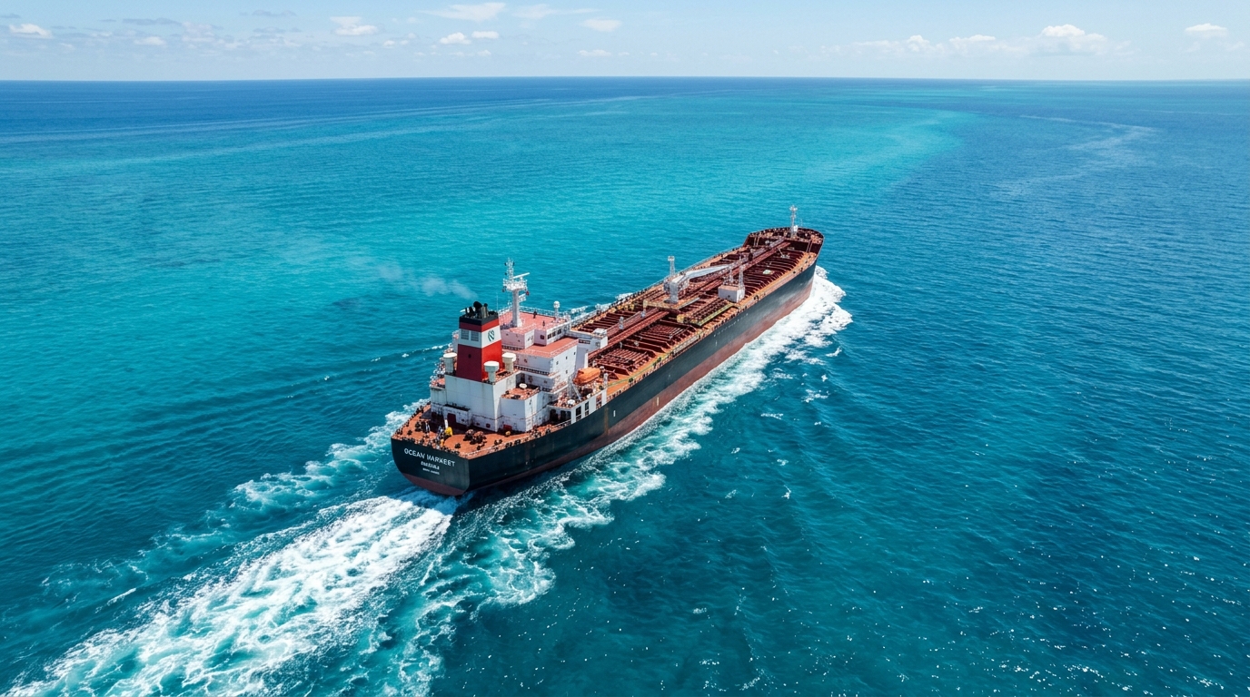 Tanker at sea at sunset